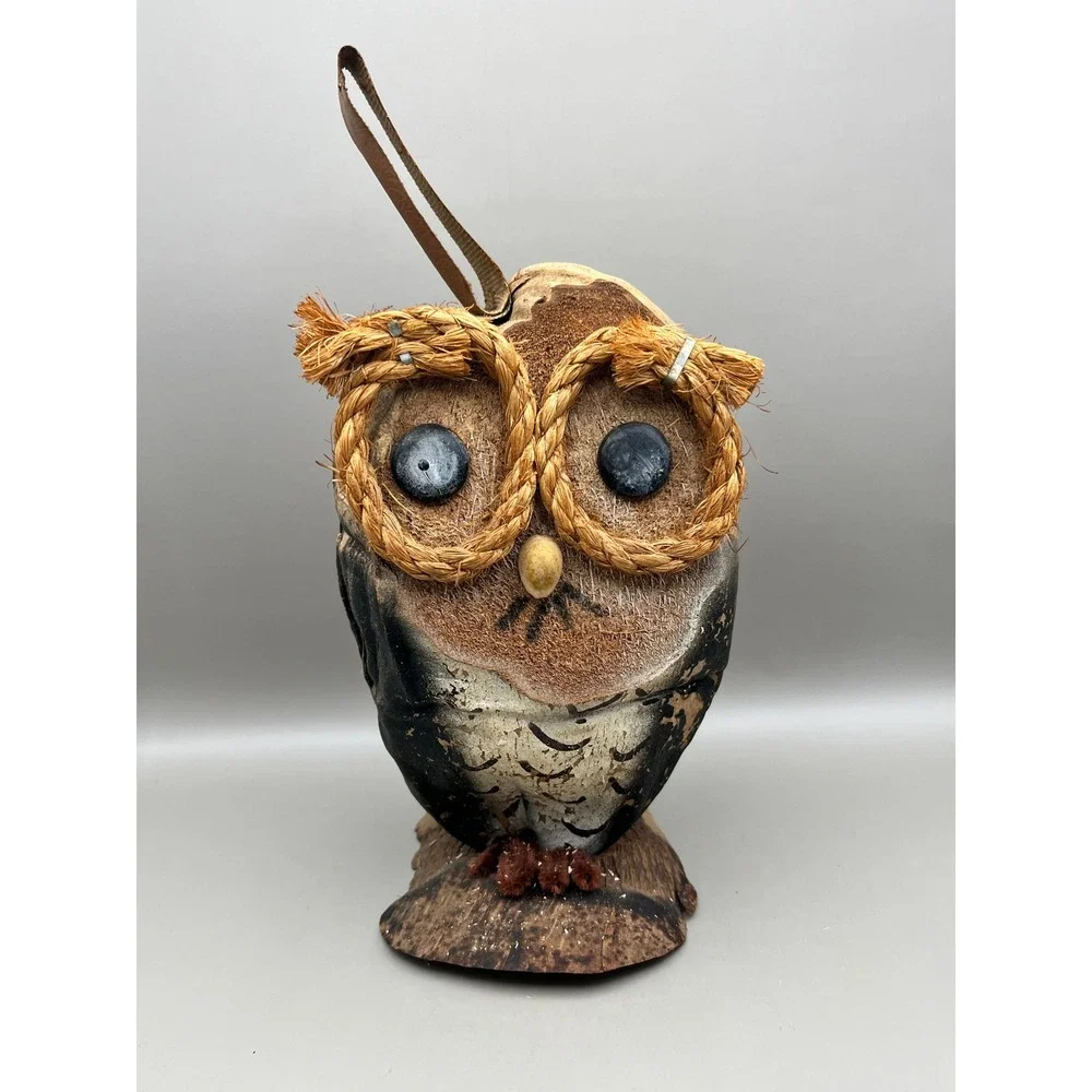 Handmade Coconut Shell Owl Figure Rustic Folk Art Carved Bird Decor 8